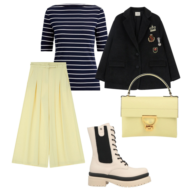 Outfit donna - Giallo e nero. per Scuola/Università. Abbinamento con borse a mano, anfibi, pantaloni, blazer, maglieria.