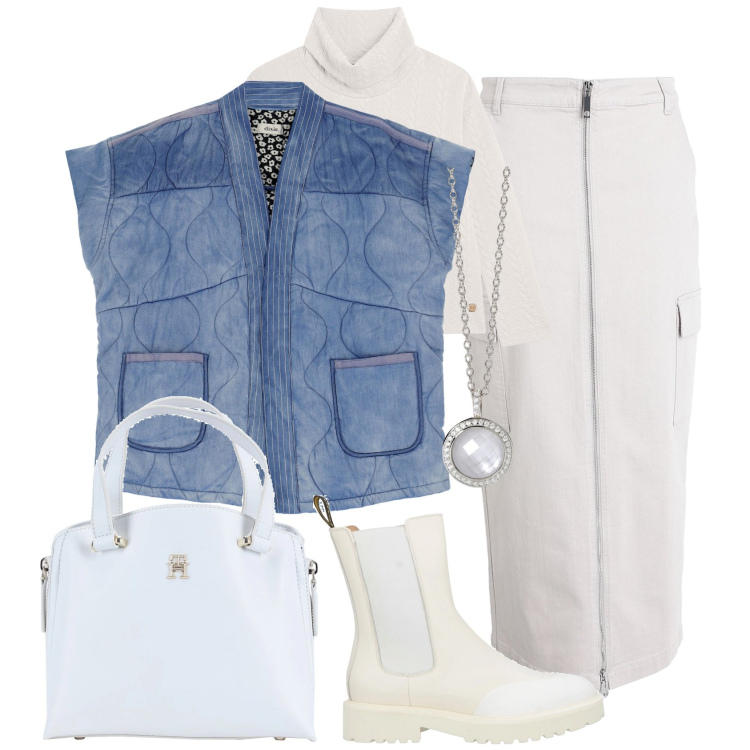 Outfit donna - Smanicato trapuntato. Stile Sporty chic per Tutti i giorni. Abbinamento con gonne lunghe, stivaletti chelsea, borse a mano, collane, maglieria, camicie.