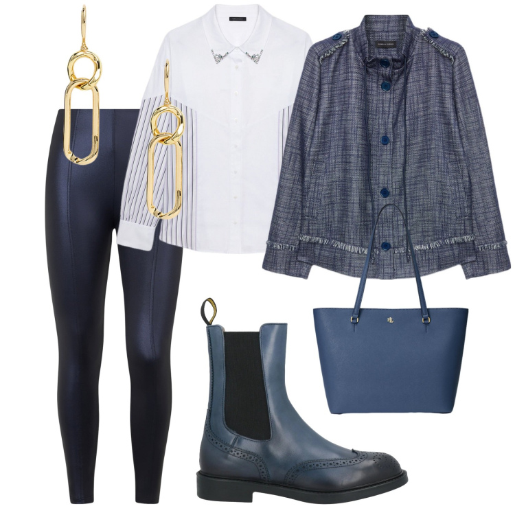 Outfit donna - Comodità assoluta. per Ufficio. Abbinamento con stivaletti chelsea, pantaloni skinny, borse tote, orecchini, camicie, blazer.