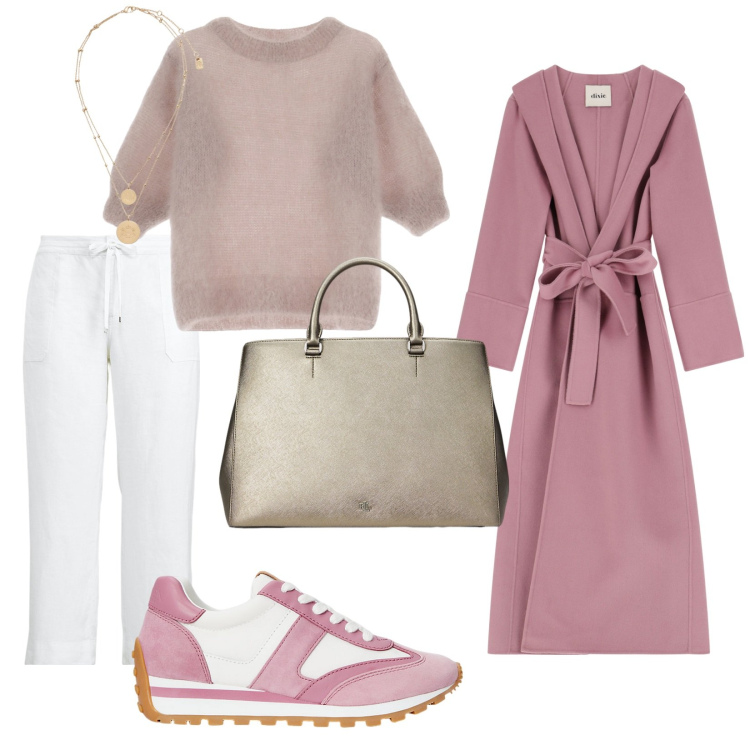 Outfit donna - In rosa. per Tutti i giorni. Abbinamento con maglieria, cappotti, ciondoli, sneakers, borse a mano, pantaloni.