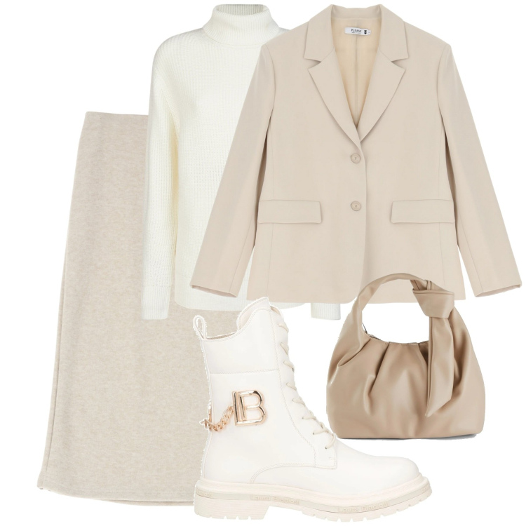 Outfit donna - Tonalità creamy. Stile Casual chic per Tutti i giorni. Abbinamento con borse a mano, anfibi, blazer, gonne, maglieria.