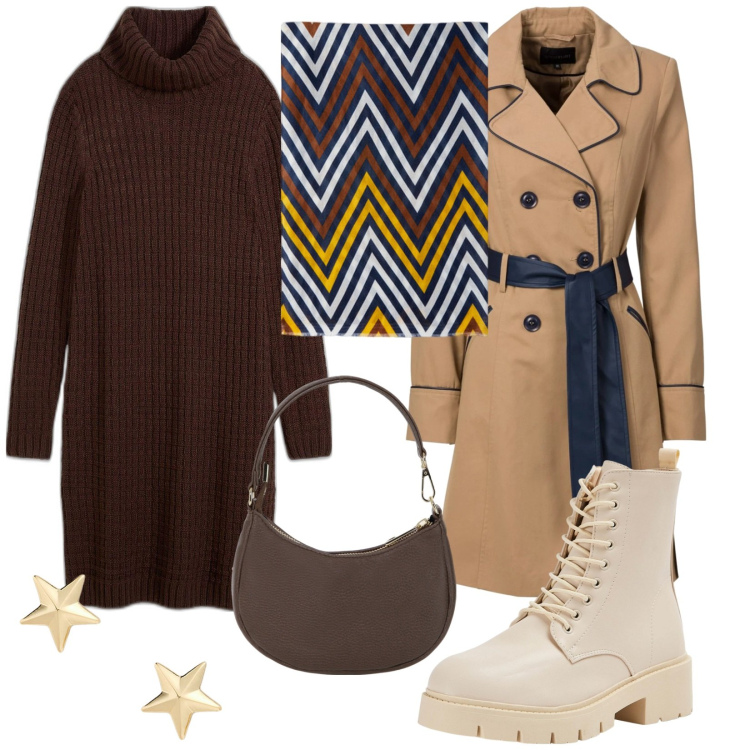 Outfit donna - Il vestito di lana. per Tutti i giorni. Abbinamento con trench, vestiti, anfibi, borse a spalla, orecchini, sciarpe.