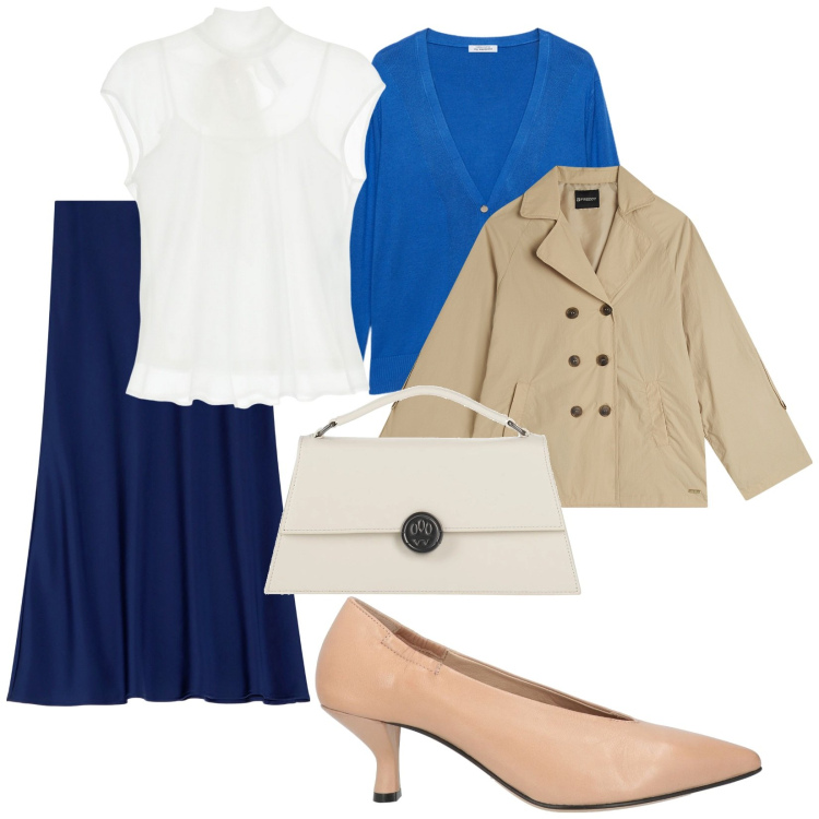 Outfit donna - Buon lavoro. per Ufficio. Abbinamento con décolleté, borse a mano, gonne longuette, top, trench, cardigans.