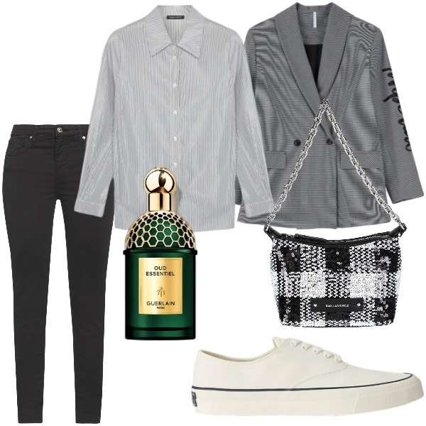 Outfit donna - A spasso per la città. Stile Casual chic per Tutti i giorni. Abbinamento con borse a mano, pantaloni skinny, profumi, blazer, sneakers, camicie.