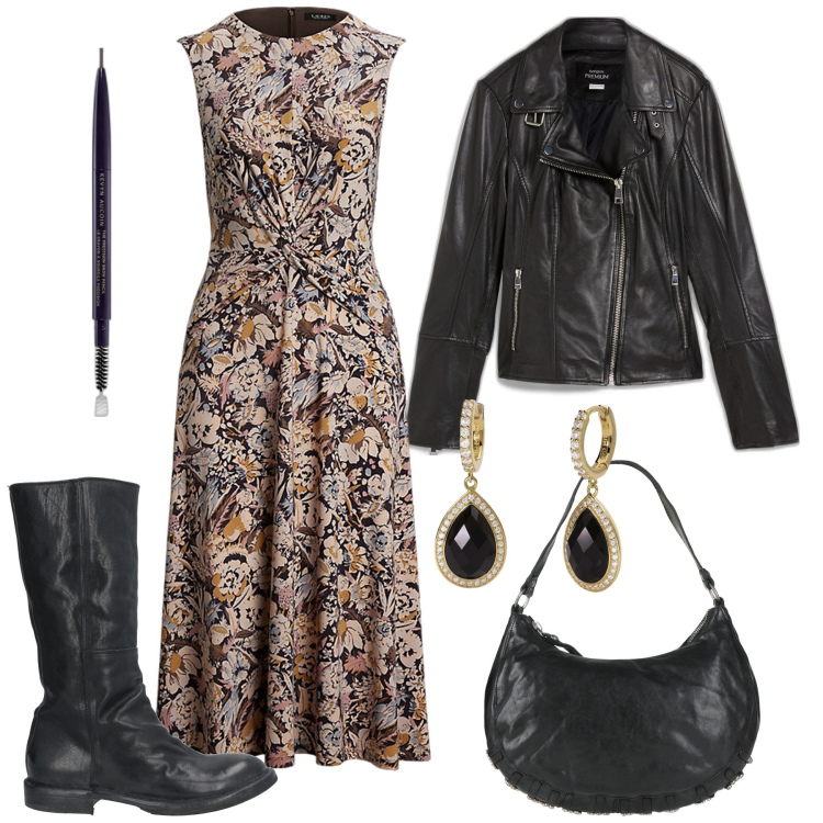 Outfit donna - Bohemien/ Biker. Stile Rock per Serata fuori. Abbinamento con blazer, borse a spalla, stivali, eyeliner, orecchini, vestiti.