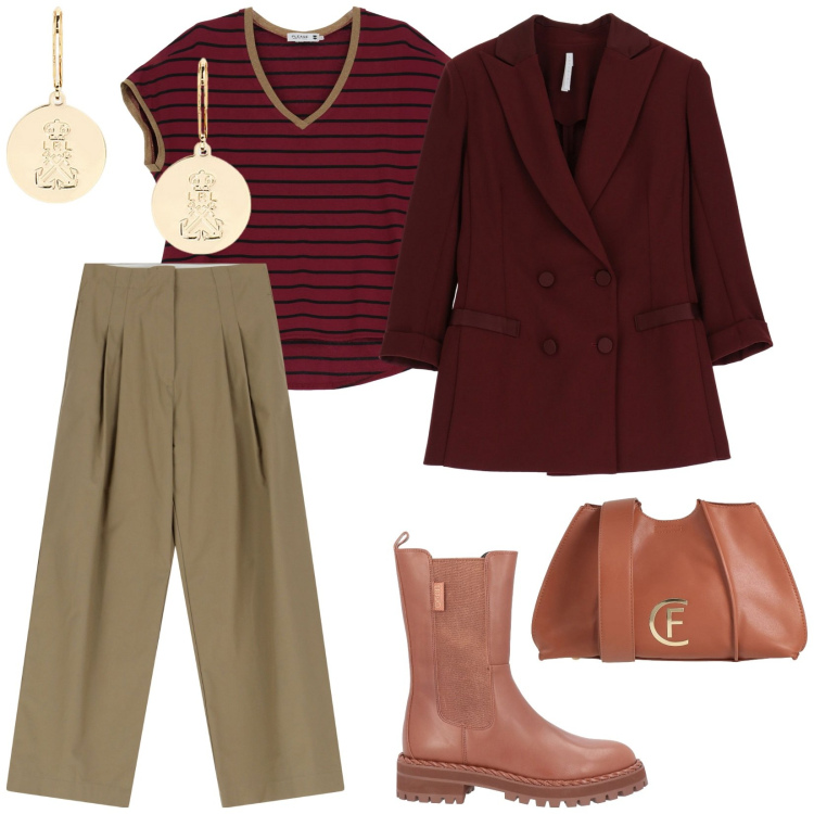 Outfit donna - Borsa e stivaletti. per Tutti i giorni. Abbinamento con borse a tracolla, stivaletti, pantaloni, t-shirt, blazer, orecchini.