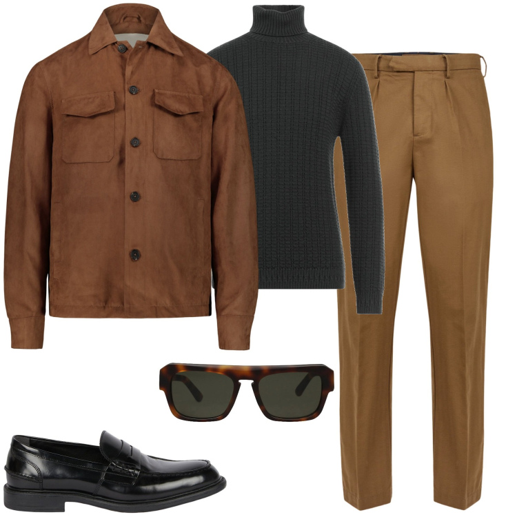 Outfit uomo - City. Stile Urban per Tutti i giorni. Abbinamento con occhiali da sole, maglieria, pantaloni, giacche, scarpe stringate.