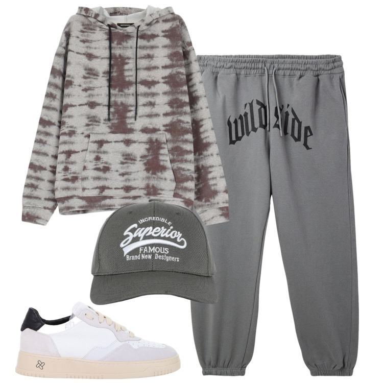 Outfit uomo - City. Stile Casual per Tutti i giorni. Abbinamento con cappelli con visiera, pantaloni, sneakers, felpe con cappuccio.