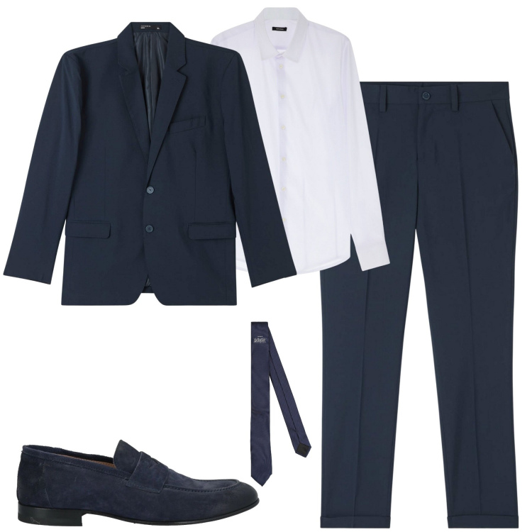 Outfit uomo - Elegante in blu. Stile Business/Elegante per Tutti i giorni. Abbinamento con scarpe stringate, cravatte, giacche, pantaloni chino, camicie.