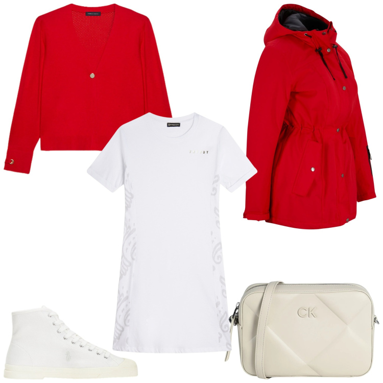 Outfit donna - Vestito e sneakers. Stile Casual per Serata fuori. Abbinamento con parka, borse a tracolla, vestiti midi/longuette, sneakers alte, cardigans.