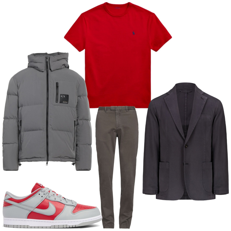 Outfit uomo - Elegantemente spiritoso. Stile Business/Elegante per Ufficio. Abbinamento con pantaloni chino, piumini, t-shirt, giacche, sneakers.