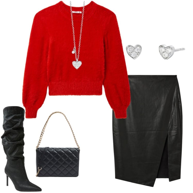 Outfit donna - Terranova. Stile Chic per Serata fuori. Abbinamento con maglieria, gonne longuette, stivali, borse a tracolla, collane, orecchini.