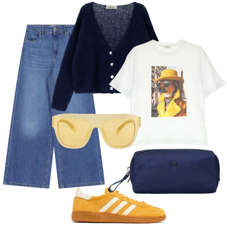 Outfit donna - Giallo e blu. Stile Casual per Tutti i giorni. Abbinamento con occhiali da sole, pantaloni a palazzo, cardigans, t-shirt, pochette, sneakers.