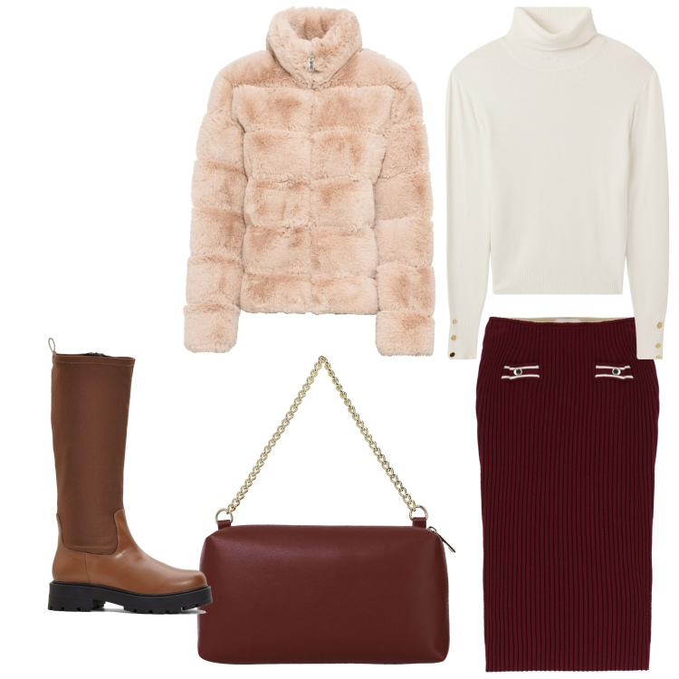 Outfit donna - Perfetta. Stile Casual chic per Ufficio. Abbinamento con ecopellicce, stivali, maglieria, gonne, borse a tracolla.
