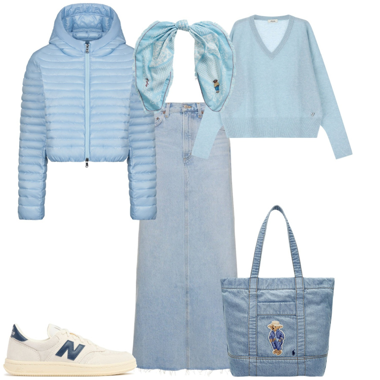 Outfit donna - Primavera. Stile Sporty chic per Tutti i giorni. Abbinamento con pullovers, borse tote, foulard, piumini, gonne, sneakers.