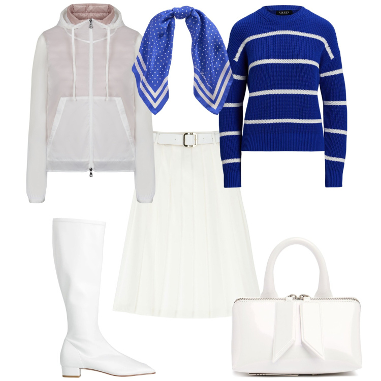 Outfit donna - Primavera sporty chic. Stile Sporty chic per Tutti i giorni. Abbinamento con stivali, gonne longuette, maglieria, foulard, blazer, borse a mano.