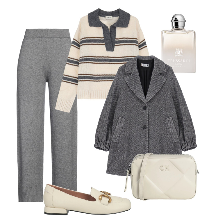 Outfit donna - Temperature basse, calda in ufficio. Stile Casual chic per Ufficio. Abbinamento con borse a tracolla, pantaloni, mocassini, profumi, cappotti, maglieria.