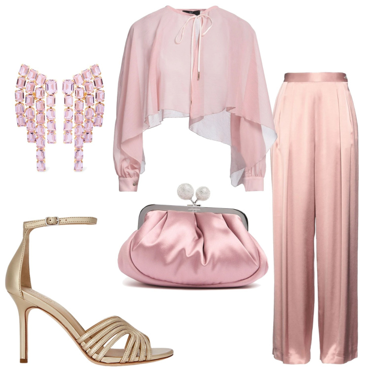 Outfit donna - Cerimonia. Stile Chic per Cerimonia. Abbinamento con camicie, pantaloni, sandali in pelle, pochette, orecchini.