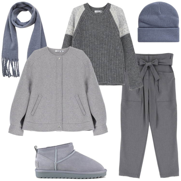 Outfit donna - Giornata grigia. Stile Urban per Tutti i giorni. Abbinamento con sciarpe, berretti, bomber, pullovers, pantaloni, stivali.