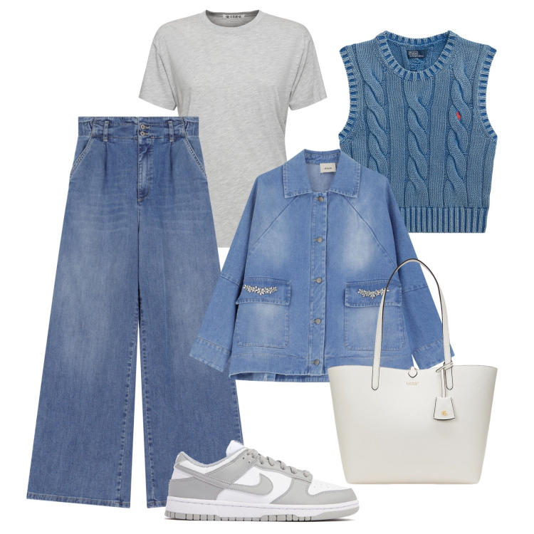 Outfit donna - Denim: la giacca di jeans bijoux. Stile Casual per Tutti i giorni. Abbinamento con jeans, blazer, borse tote, maglieria, t-shirt, sneakers.