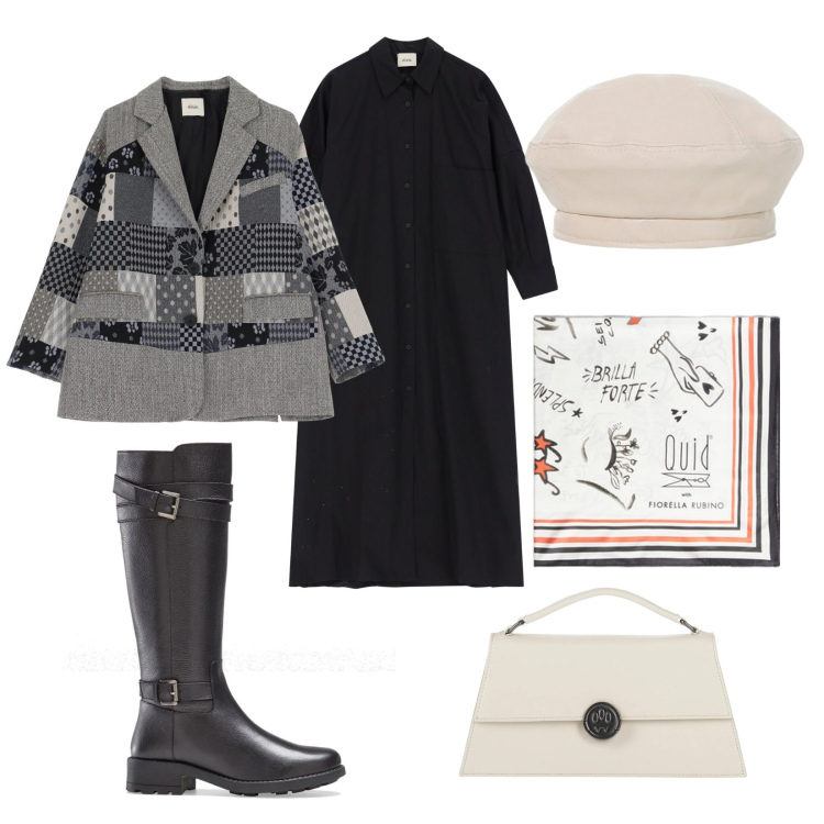 Outfit donna - Sera a cena in bianco e nero. Stile Casual chic per Serata fuori. Abbinamento con stivali, borse a mano, blazer, vestiti lunghi, cappelli e berretti, foulard.