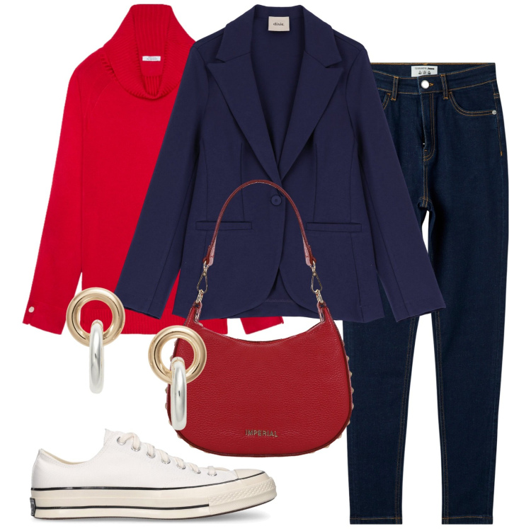 Outfit donna - Il blazer blu indispensabile. Stile Urban per Tutti i giorni. Abbinamento con jeans skinny, borse a spalla, blazer, orecchini, sneakers, maglieria.
