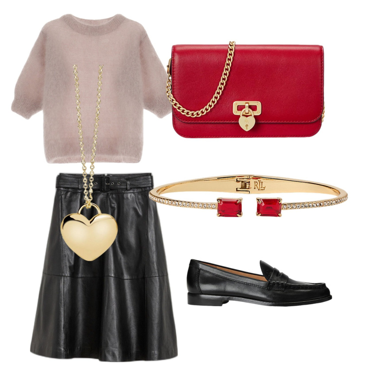 Outfit donna - Splendere con eleganza. Stile Casual chic per Serata fuori. Abbinamento con gonne, collane, maglieria, mocassini, braccialetti, portafogli.