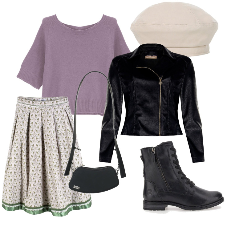 Outfit donna - Romantica e decisa. Stile Casual chic per Tutti i giorni. Abbinamento con gonne longuette, borse a spalla, giacche, maglieria, cappelli e berretti, anfibi.