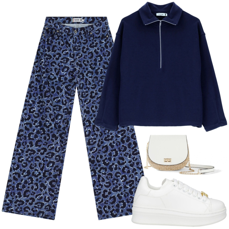 Outfit donna - Blu animalier. Stile Trendy per Tutti i giorni. Abbinamento con sneakers, borse a tracolla, jeans, felpe.
