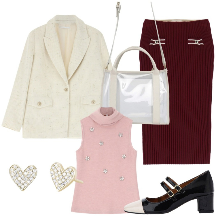 Outfit donna - Da mattina a sera. Stile Bon Ton per Tutti i giorni. Abbinamento con borse tote, orecchini, décolleté, maglieria, blazer, gonne.