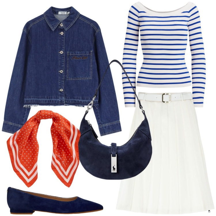 Outfit donna - Bianco e blu per la primavera. Stile Bon Ton per Tutti i giorni. Abbinamento con blazer, gonne longuette, borse a spalla, ballerine, maglieria, foulard.