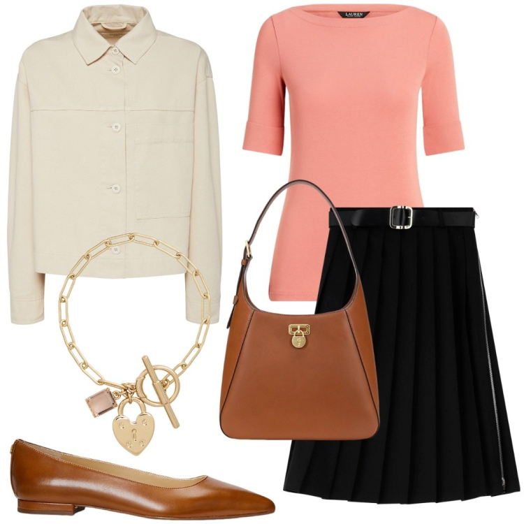Outfit donna - Bon ton in ufficio. Stile Bon Ton per Ufficio. Abbinamento con gonne longuette, borse a spalla, ballerine, t-shirt, braccialetti, blazer.