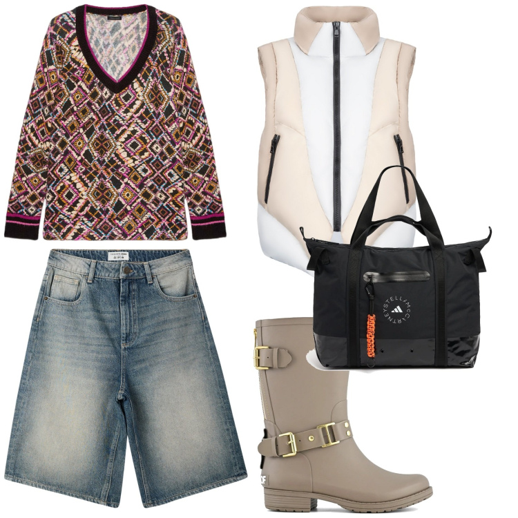 Outfit donna - Si va in campagna. per Tutti i giorni. Abbinamento con bermuda, piumini, stivali, shopping bag, maglieria.