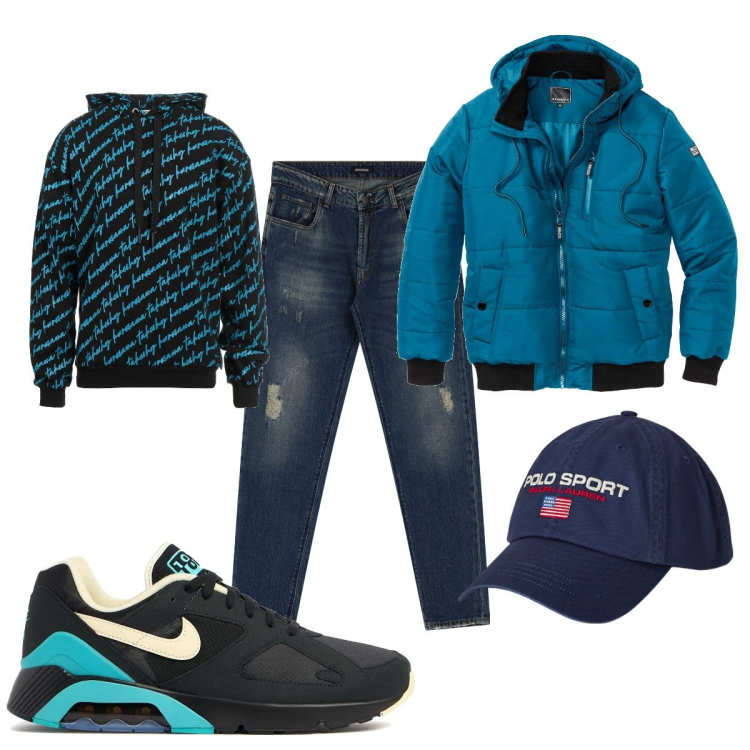 Outfit uomo - Total look #2063864. Stile Casual per Tutti i giorni. Abbinamento con bomber, felpe con cappuccio, jeans dritti, berretti, sneakers.