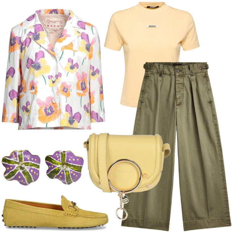 Outfit donna - Primavera in arrivo. Stile Casual chic per Tutti i giorni. Abbinamento con orecchini, borse a tracolla, blazer, pantaloni, t-shirt, mocassini.