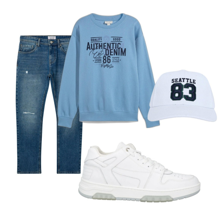Outfit uomo - Total look #2063868. Stile Casual per Tutti i giorni. Abbinamento con felpe, sneakers, cappelli, jeans strappati.
