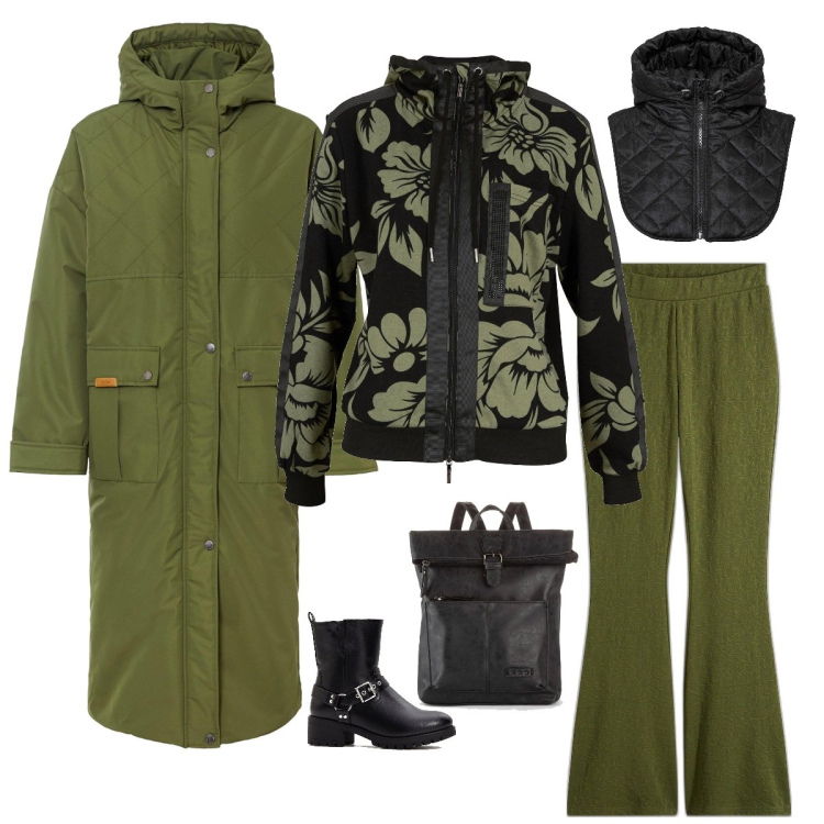 Outfit donna - Verde d’inverno. Stile Sporty chic per Tutti i giorni. Abbinamento con felpe, scaldacollo, zaini, parka, pantaloni, stivaletti.