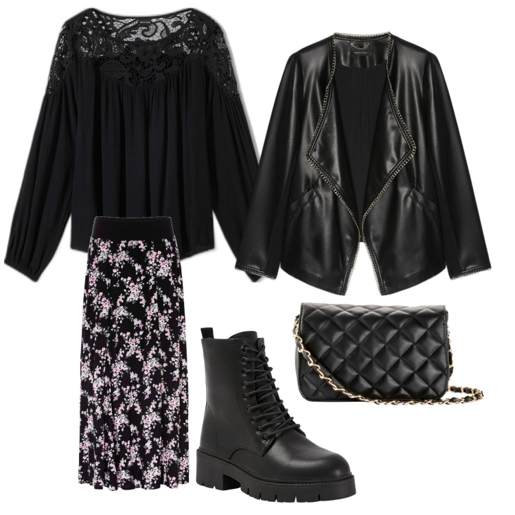 Outfit donna - Boho e chic. Stile Casual chic per Serata fuori. Abbinamento con tuniche, borse a tracolla, gonne lunghe, anfibi, blazer.
