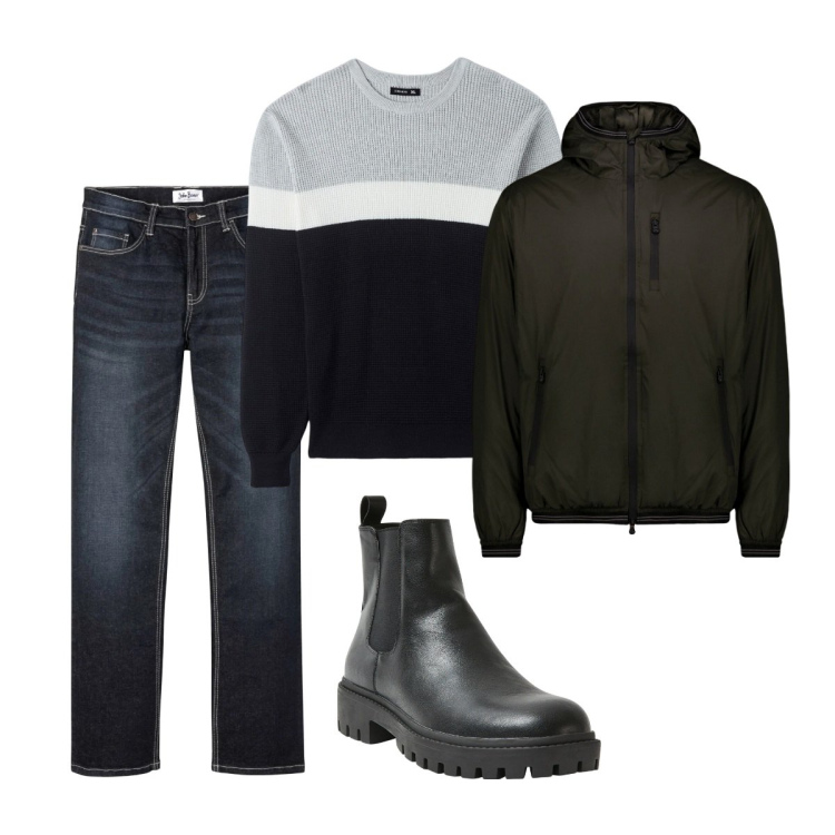 Outfit uomo - Total look #2063889. Stile Urban per Tutti i giorni. Abbinamento con jeans bootcut, stivali e stivaletti, maglieria, giacche.