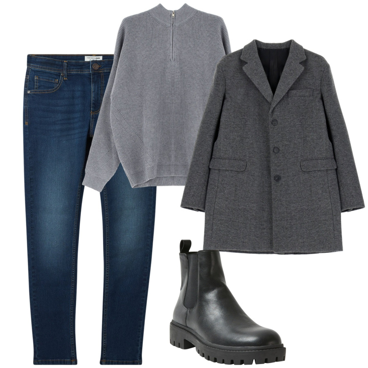 Outfit uomo - City. Stile Casual per Tutti i giorni. Abbinamento con stivali e stivaletti, jeans skinny, cappotti, maglieria.