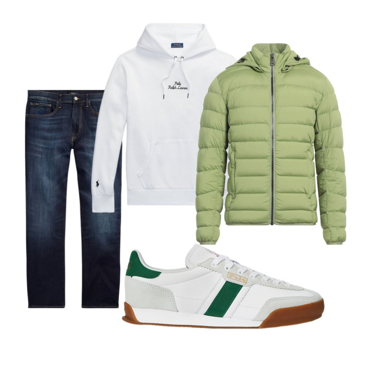Outfit uomo - Total look #2063896. Stile Trendy per Tutti i giorni. Abbinamento con piumini, jeans dritti, felpe con cappuccio, sneakers.