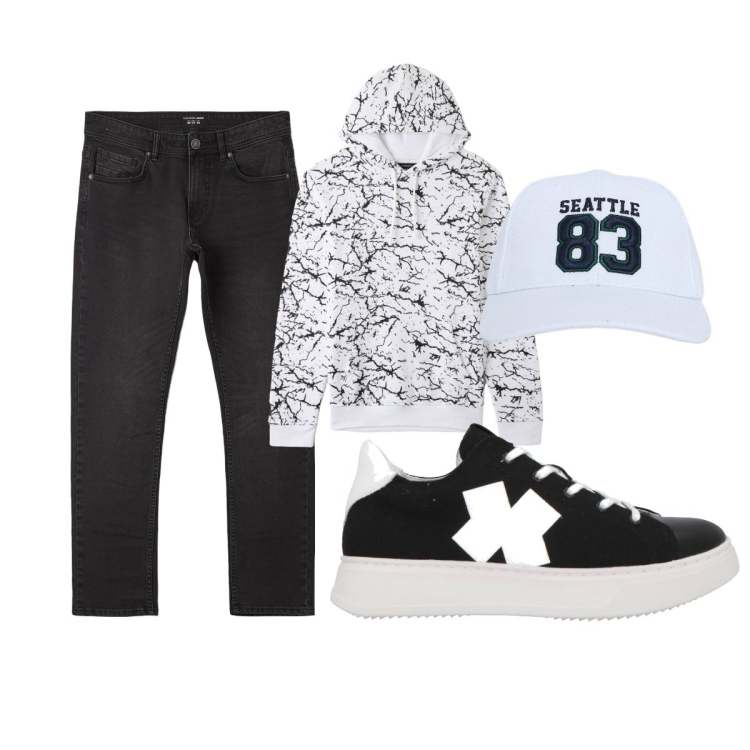 Outfit uomo - Total look #2063900. Stile Casual per Tutti i giorni. Abbinamento con sneakers, cappelli, jeans dritti, felpe con cappuccio.