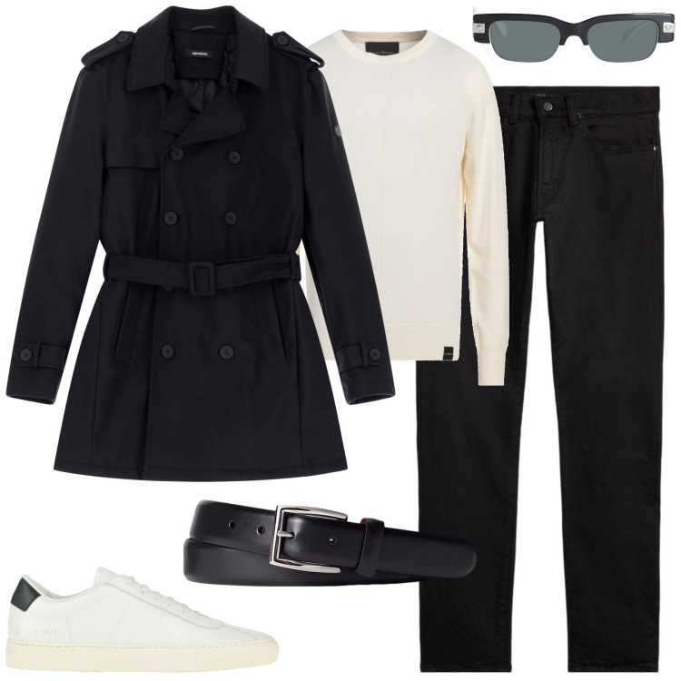 Outfit uomo - Total look #2063903. Stile Trendy per Tutti i giorni. Abbinamento con pullovers, occhiali da sole, sneakers, trench, cinture, jeans.