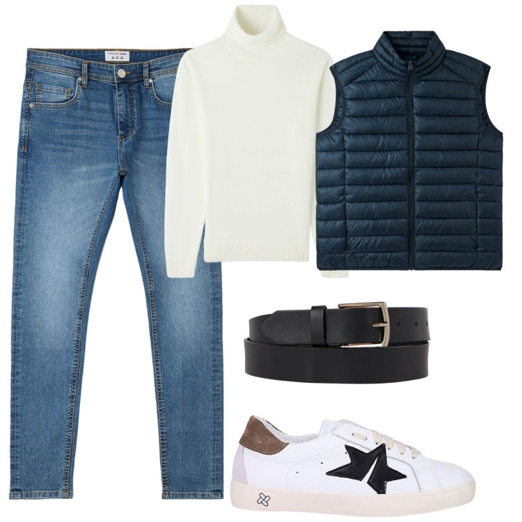Outfit uomo - City. Stile Casual per Tutti i giorni. Abbinamento con jeans skinny, maglieria, gilet, sneakers, cinture.