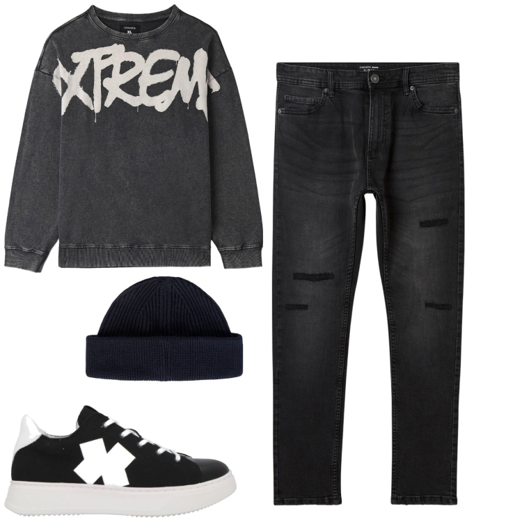 Outfit uomo - Total look #2063913. Stile Casual per Tutti i giorni. Abbinamento con sneakers, jeans strappati, felpe, berretti.