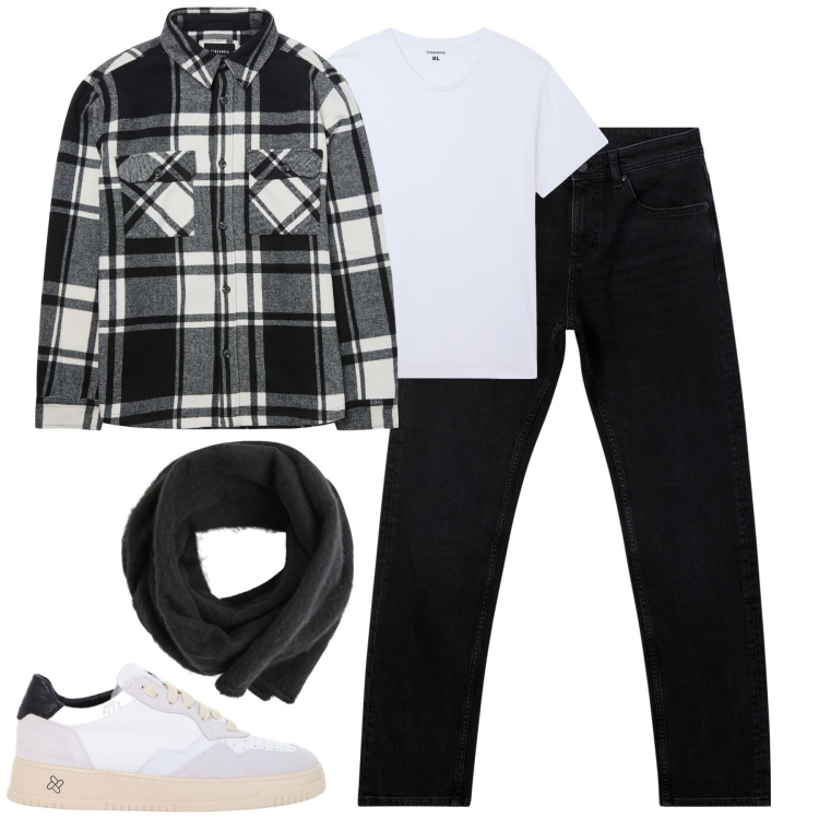 Outfit uomo - City. Stile Casual per Tutti i giorni. Abbinamento con jeans, t-shirt, cappotti, sciarpe e foulard, sneakers.