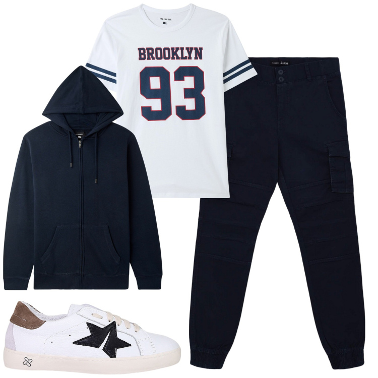 Outfit uomo - Total look #2063917. Stile Casual per Tutti i giorni. Abbinamento con felpe con cappuccio, pantaloni cargo, t-shirt, sneakers.