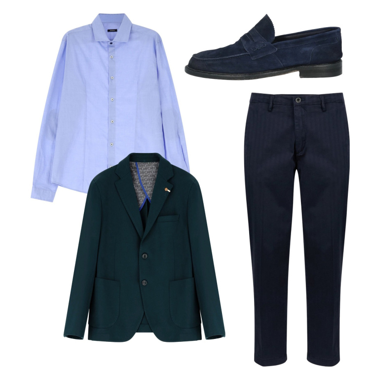 Outfit uomo - City. Stile Casual per Tutti i giorni. Abbinamento con scarpe stringate, giacche, camicie, pantaloni.