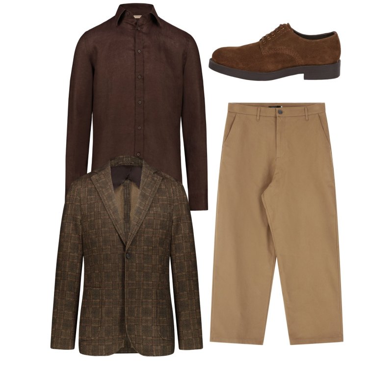 Outfit uomo - Elegante in marrone. Stile Casual per Serata speciale. Abbinamento con pantaloni, giacche, camicie, scarpe stringate.
