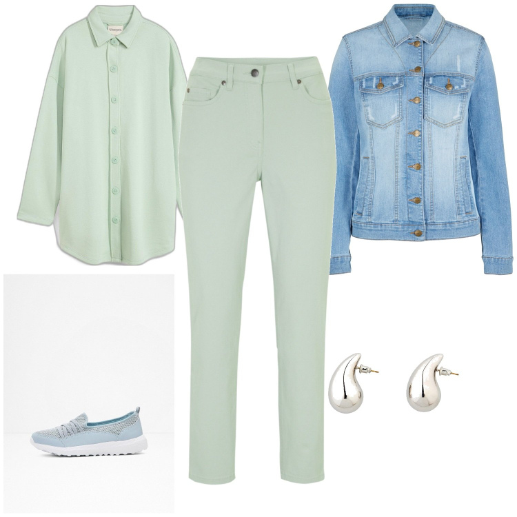 Outfit donna - Verde latte e menta. Stile Casual per Tutti i giorni. Abbinamento con sneakers, blazer, pantaloni, felpe, orecchini.